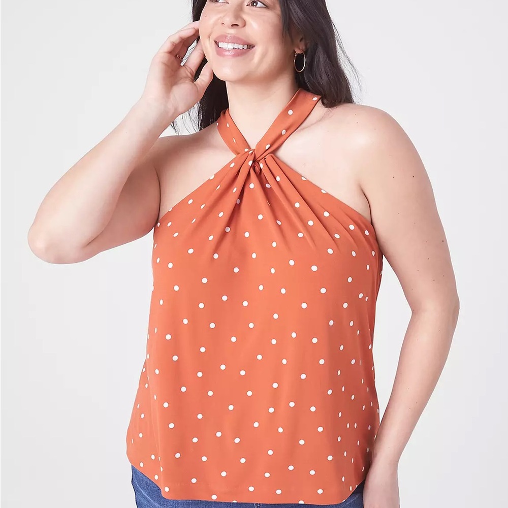 NWT, Lane Bryant, size 18/20, orange w/ ivory polka dots, halter, button neck.